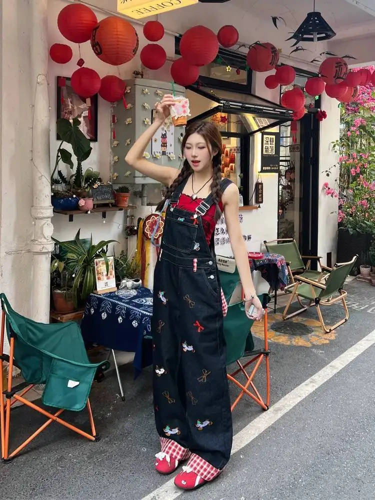 

Американский ретро-комбинезон свободного кроя с широкими штанинами для женщин, летний, новый, с вышивкой в виде собаки, джинсовый, с высокой талией, из джинсовой ткани, повседневный стиль