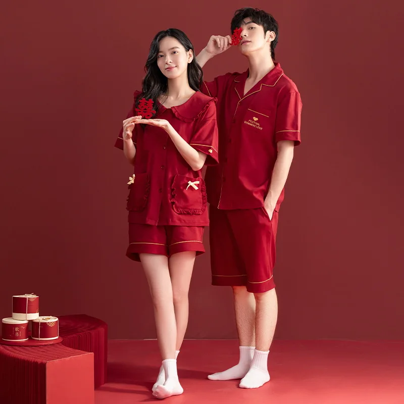 Cotton Red Color Wedding newlywed Couple Sleepwear Summer Cardigan Short Sleeves Sleeping Top Pant Nightwear Women and Men Pjs