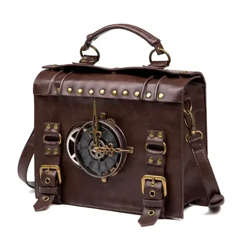 

New Women Bag Steampunk Industrial Retro Single Shoulder Diagonal Bag Brown Clock Decoration Pu Faux Leather Backpack