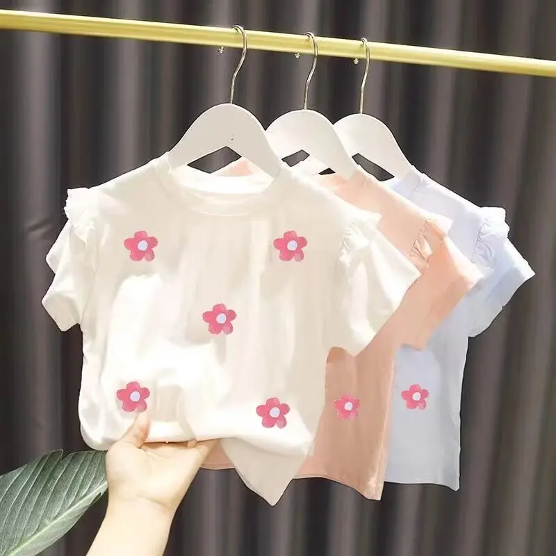 Summer Baby Clothes Girls T-shirt Cotton Flowers Tops Tees O-neck Full Fashion Children\'s Outerwear 2023