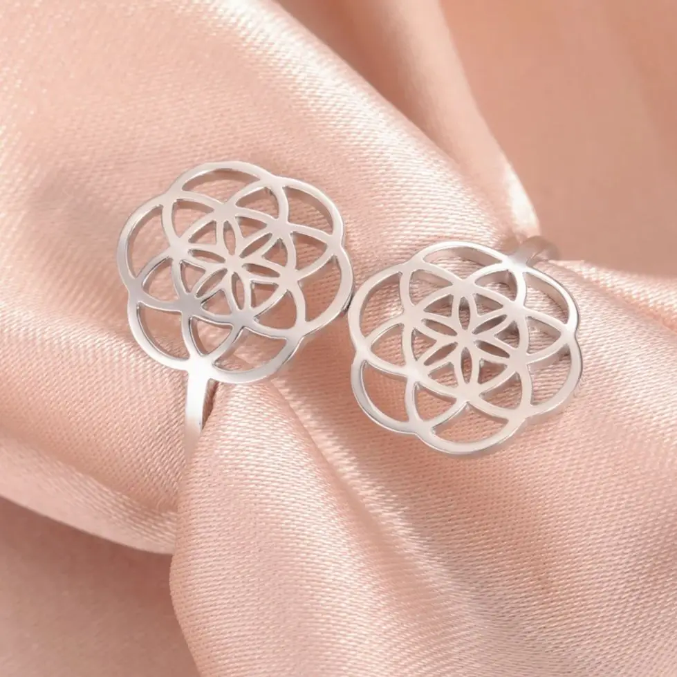 LIKGREAT Hollow Flower of Life Sacred Geometry Adjustable Ring for Women Stainless Steel Vintage Chakra Mandala Jewelry Gift New