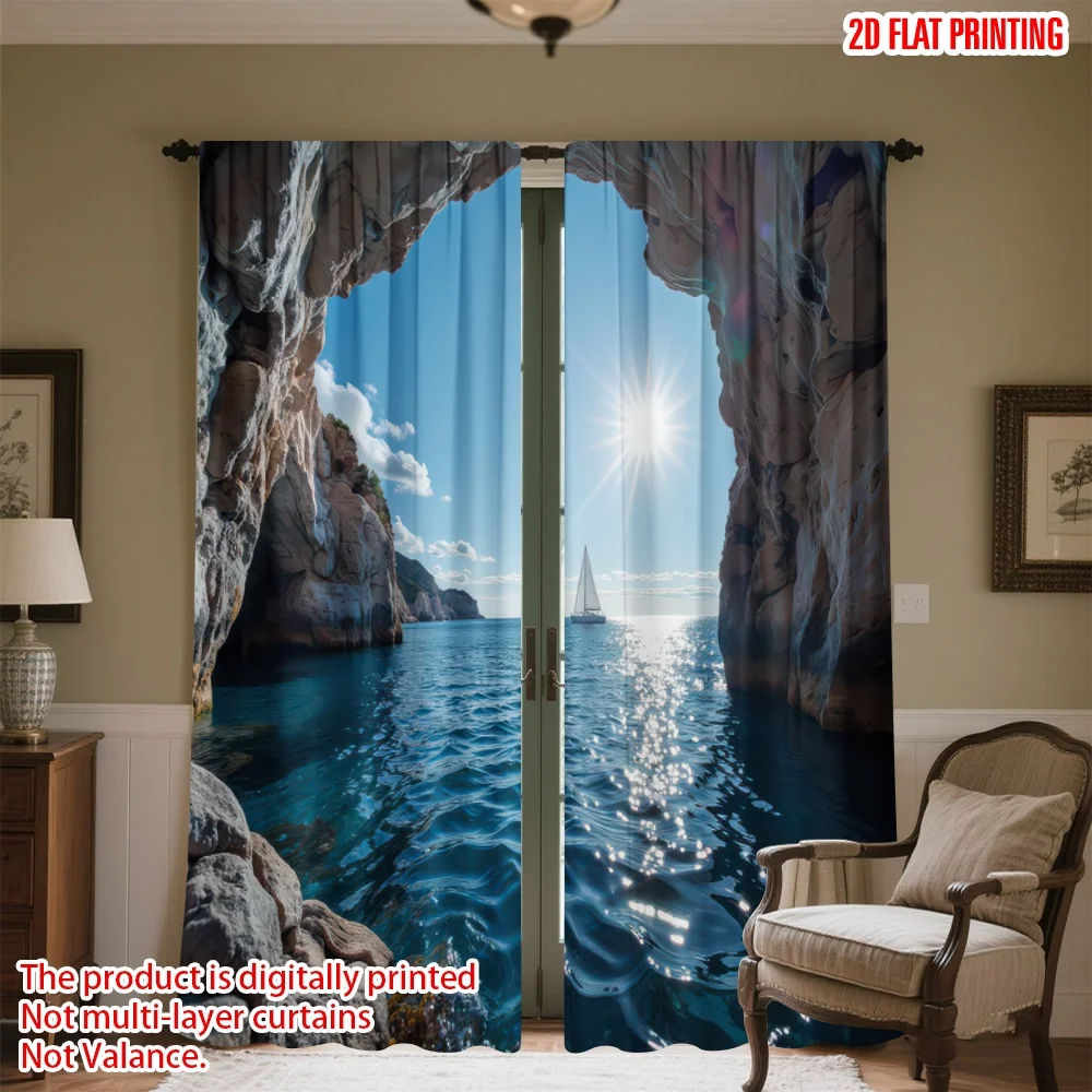 

2D flat printing 2pcs Party Window Curtains Sunlit Sea Cave View Digital Printed Polyester Drapes Festive Wall Decor Use for