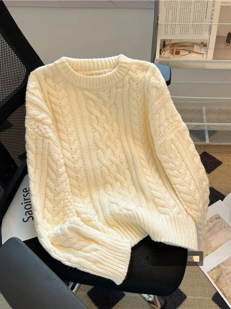 

Loose Knitted Women's Sweater Spring New Sle Lazy Gentle Sle Soft round Ne White Twisted Knitwear Casual Comfortable Top