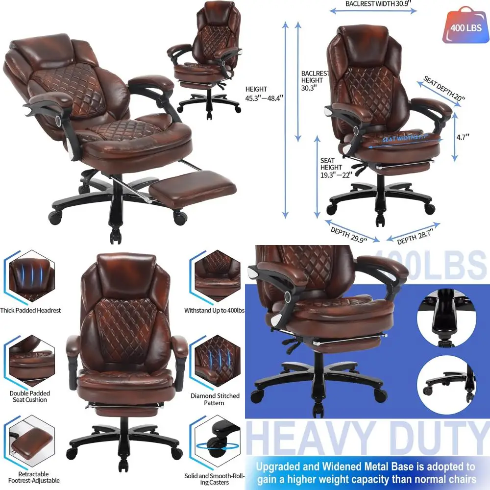 

Прочное коричневое кожаное кресло для больших и высоких условий, офисное кресло для руководителя емкостью 400 фунтов с подставкой для ног