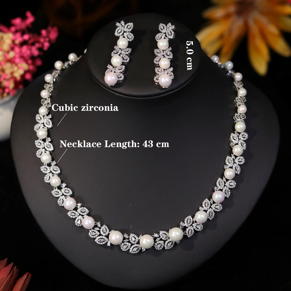 Imagem -06 - Elegante Brilhante Cubic Zirconia Conjunto de Jóias para Mulheres Grande Colar de Pérolas Presente de Noiva de Luxo Banquete de Casamento Acessórios de Dama de Noiva