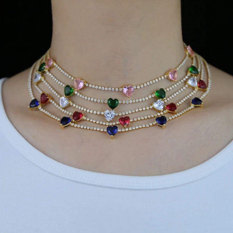 2025 New Arrived Fashion Sparking Clear Multicolor WHITE Cubic Zirconia CZ Heart Necklaces For Women Tennis Chain Charm Jewelry