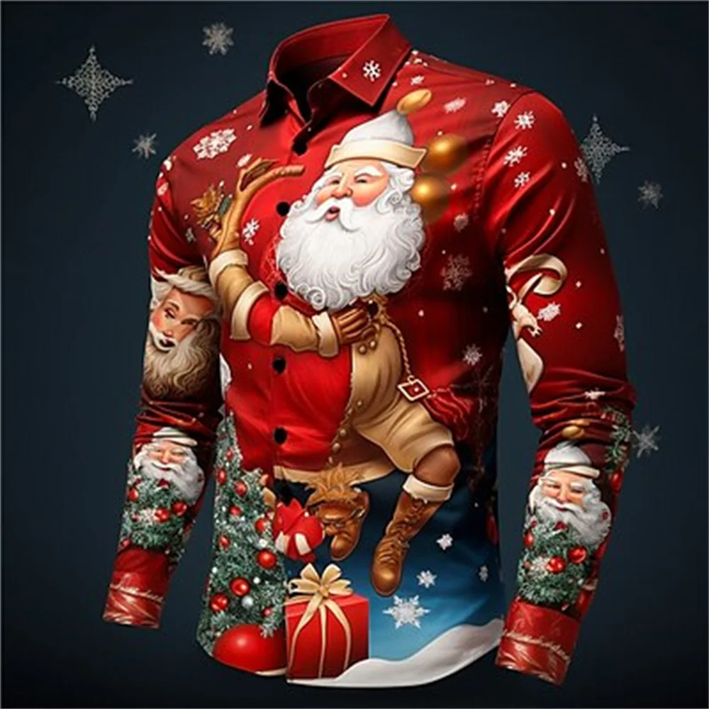 New Santa Claus Printed Casual Men's Shirt Christmas Dance Party Long -sleeved lapel button designer shirt comfortable fabric