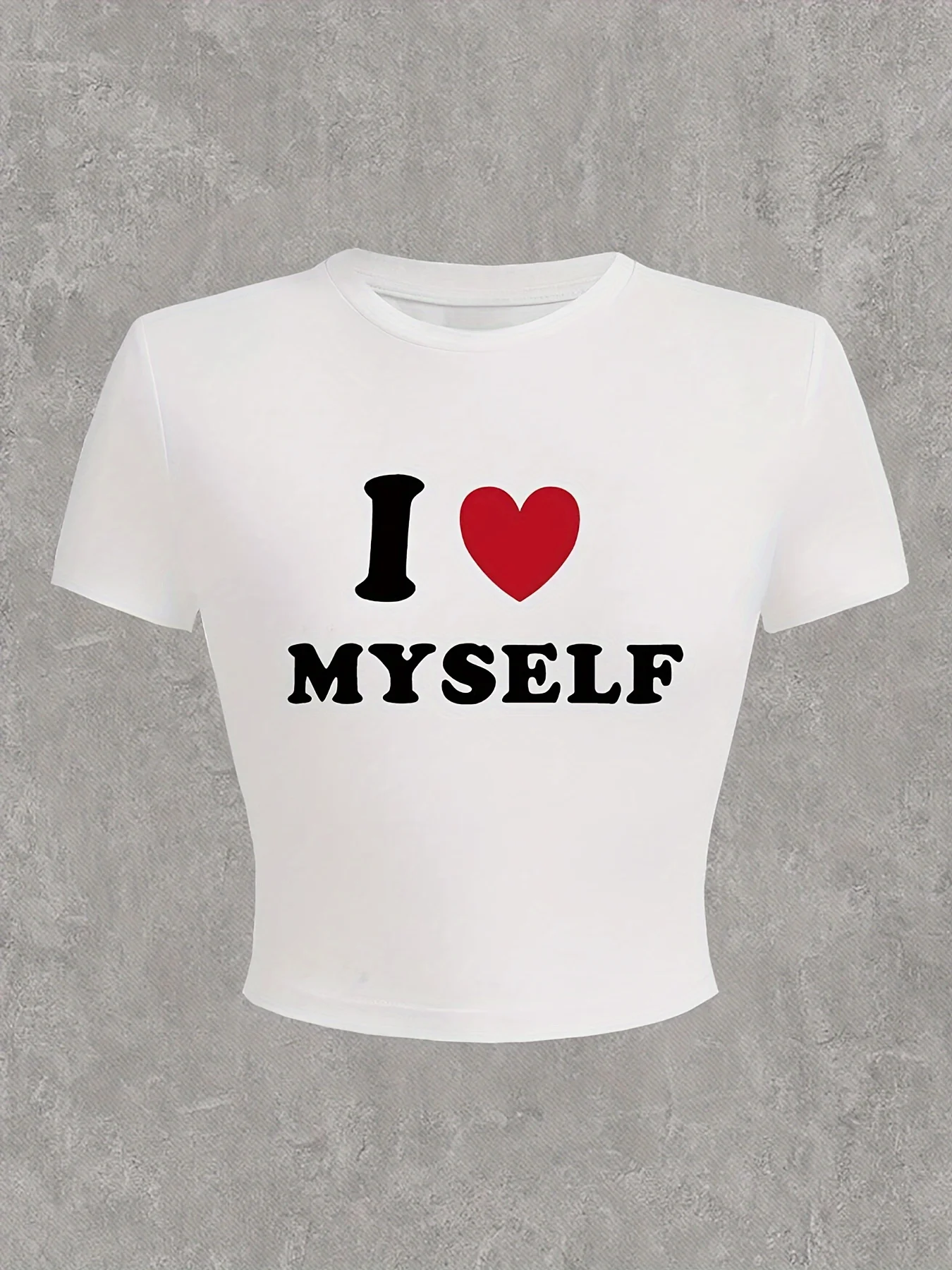 I Love Myself Print Crop T-shirt Casual Short Sleeve Slim Top for Spring & Summer Women's Clothing