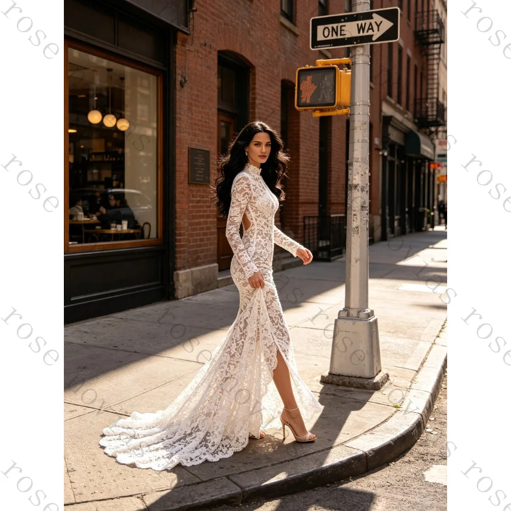 Customized High Neck Long Sleeved Lace Mermaid Wedding Dress 2026 Fitted Bridal Gown Exquisite Celebrity Suitable for Banquets