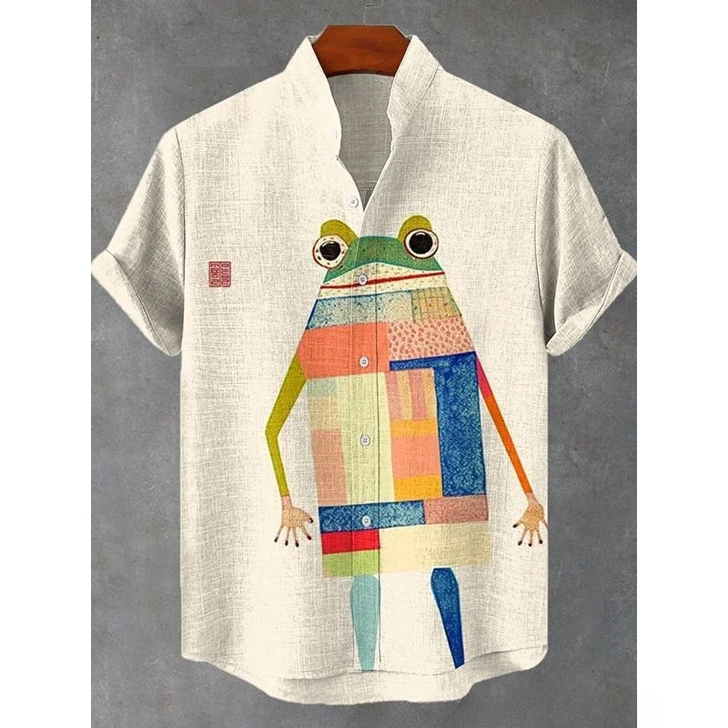 Men's Funny Hippie Geometric Frog Art Graphic Print Shirt Cool Blouses Summer Short-Sleeved Stand Collar Shirts Hawaiian Tops