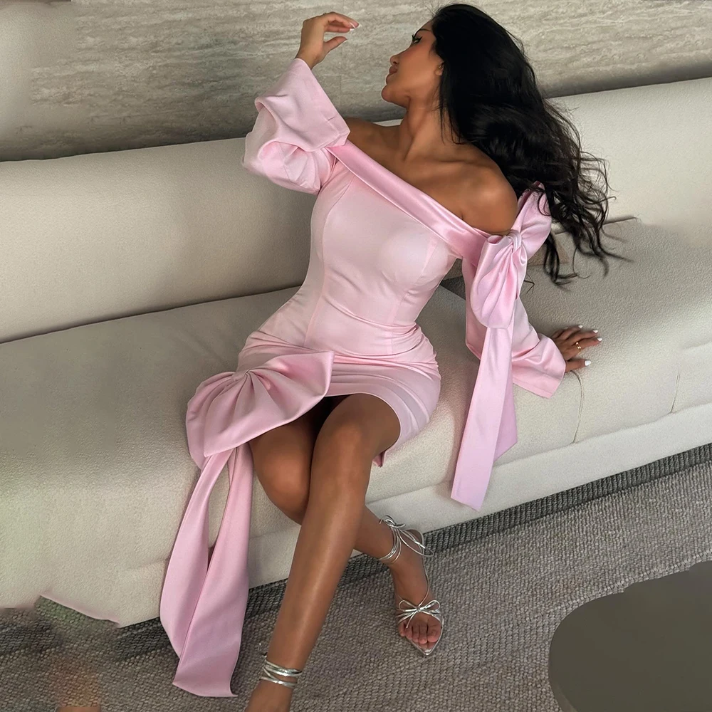 

Pink Prom Dresses Off The Shoulder Long Sleeve Mermaid Elegant Party Dresses with Bow Short Special Occasion Dress Customized
