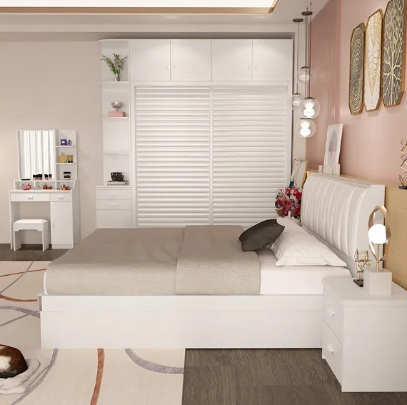 #Solid Wood Bedroom Furniture Set Simple Master Bed Wardrobe And Dressing Table Combination For Home Or Hotel Use
