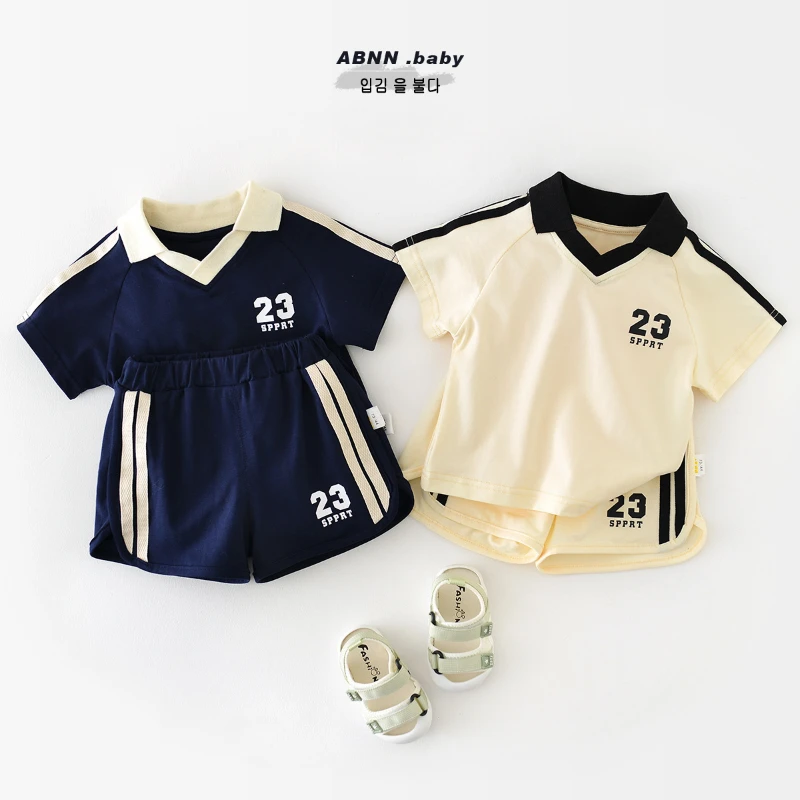 Children\'s Short-sleeved Outdoor Sports Set Baby Summer College T-shirt Boys and Girls Cotton Thin Ball Suit Baby Two-piece Set