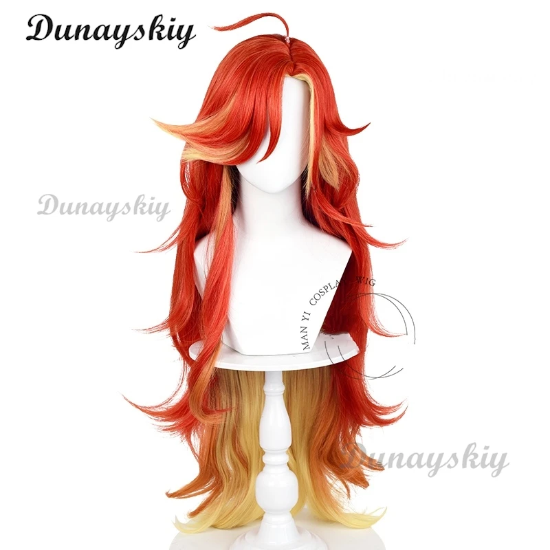 Mavuika Cosplay Wig Game Long Curly Wave Red Yellow Mixed Wig Heat Resistant Synthetic Hair Halloween Anime Wigs + Wig Cap