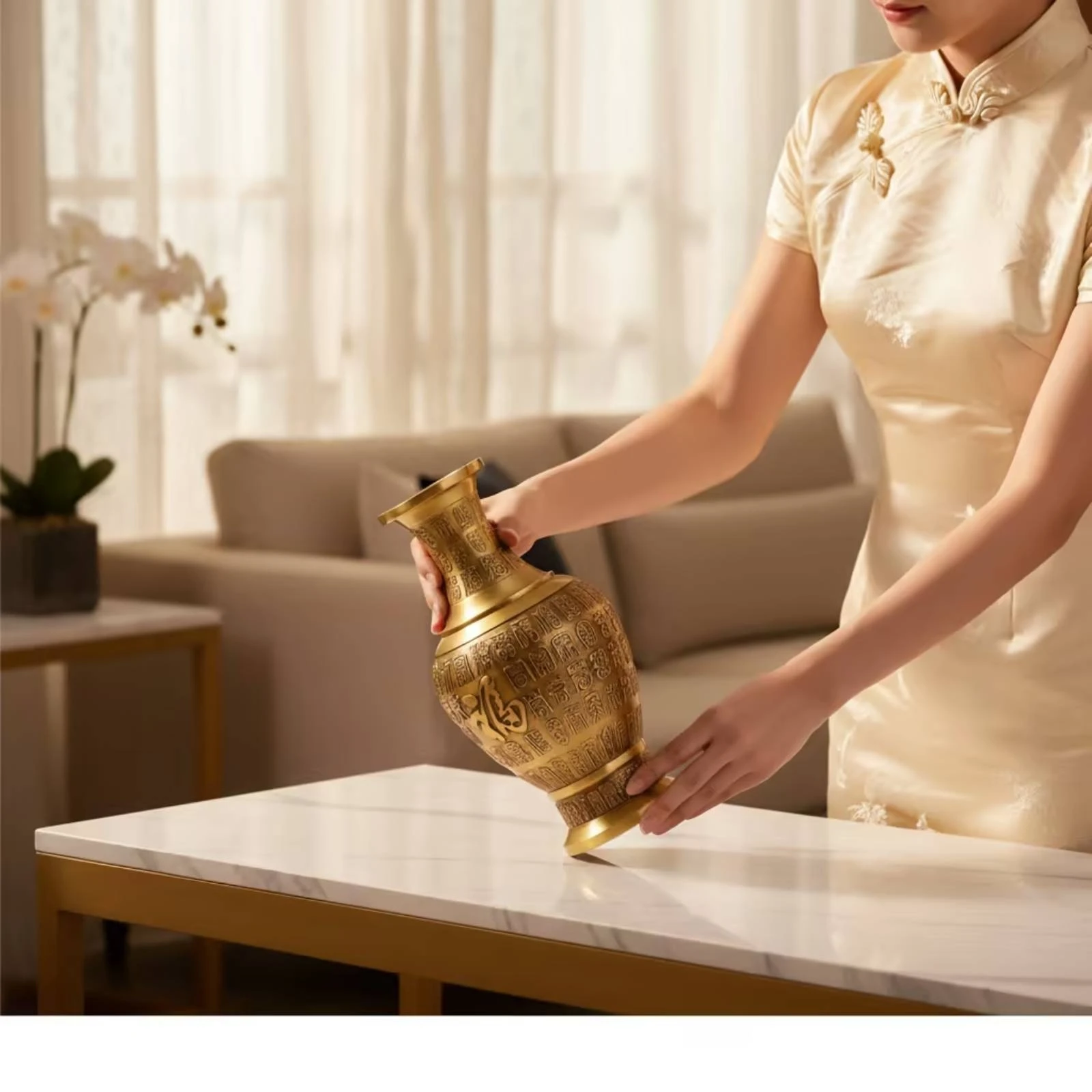 Embossed Brass Vase Flared Rim Gold-Toned Decorative Vase Home Decor Elegant Sturdy for Living Room Display