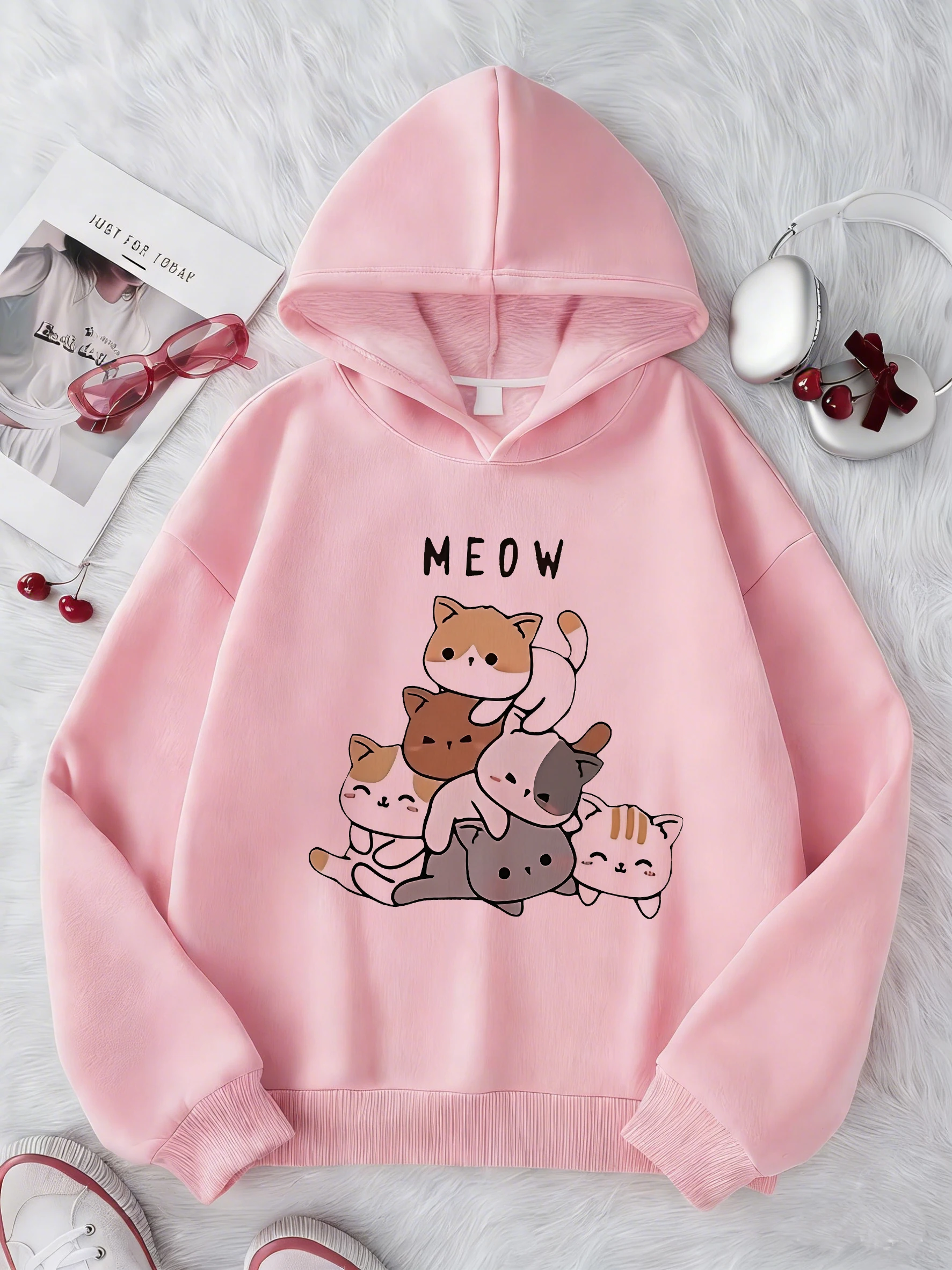 Kapuzenpullover für Mädchen, Meow Cat, verspieltes Design, Kinder-Sweatshirt, süßer Kapuzenpullover für Jungen und Mädchen, Herbst, Frühling, lässig