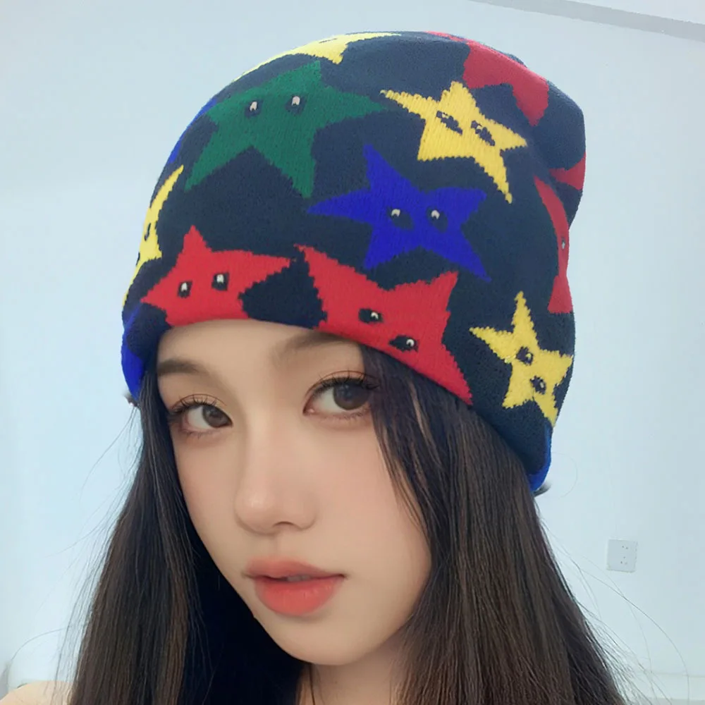 Warm Street Versatile Color Block Beanies Fashion Autumn and Winter New Unisex American Hip Hop Five-pointed Star Knitted Hats