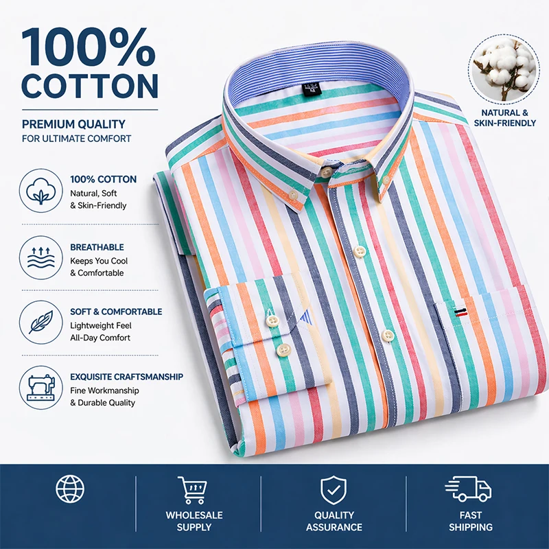 100% Cotton Oxford Casual Shirts For Men Long Sleeved Plaid Striped Soft Regular Fit Formal Single Pocket Social Fashion Blouses