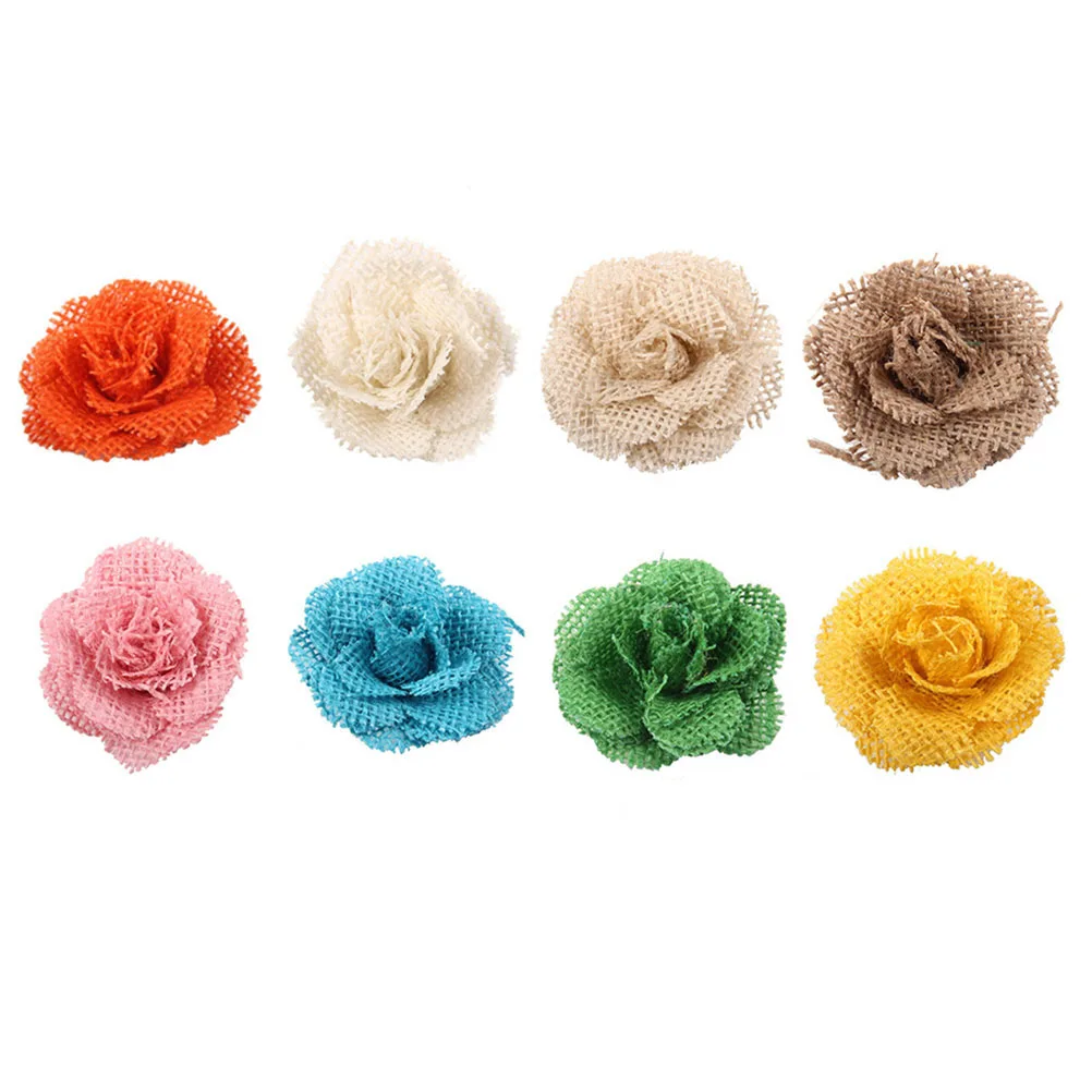 

8pcs Natural Jute Burlap Flower Decoration Vintage Rose Diy Craft Wedding Party Centerpiece Hessian Floral Hat Hair Bow