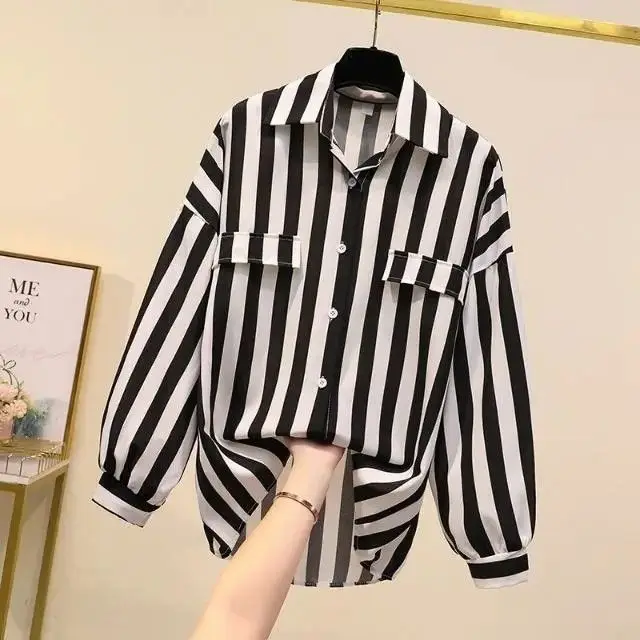 Spring Autumn Women's Clothing New 2024 Hong Kong Style Loose Fit Plus Size BF Striped Shirt Long Sleeved Chic Top Thin Jacket