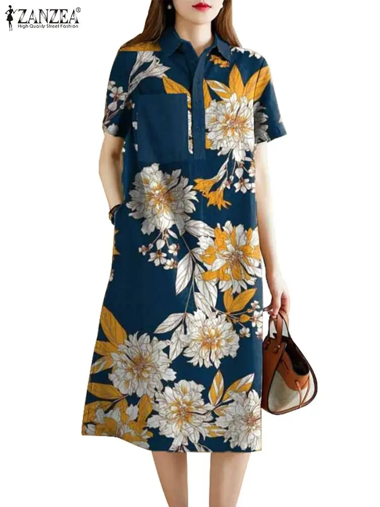 Vintage Summer Lapel Neck Short Sleeve Floral Printed Sundress ZANZEA Women Casual Loose Shirt Dress Oversize Holiday Vestido