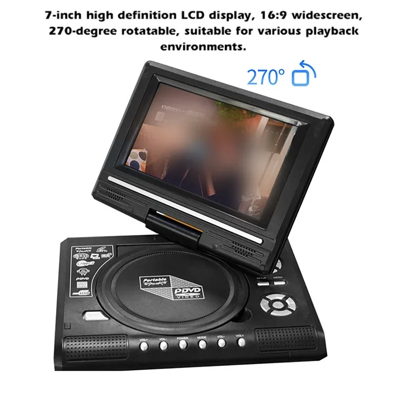 9.8 Inches Portable DVD Player High Clarity TV Function Built-in Card Reader Swivel Screen Mobile VCD Players for Travel