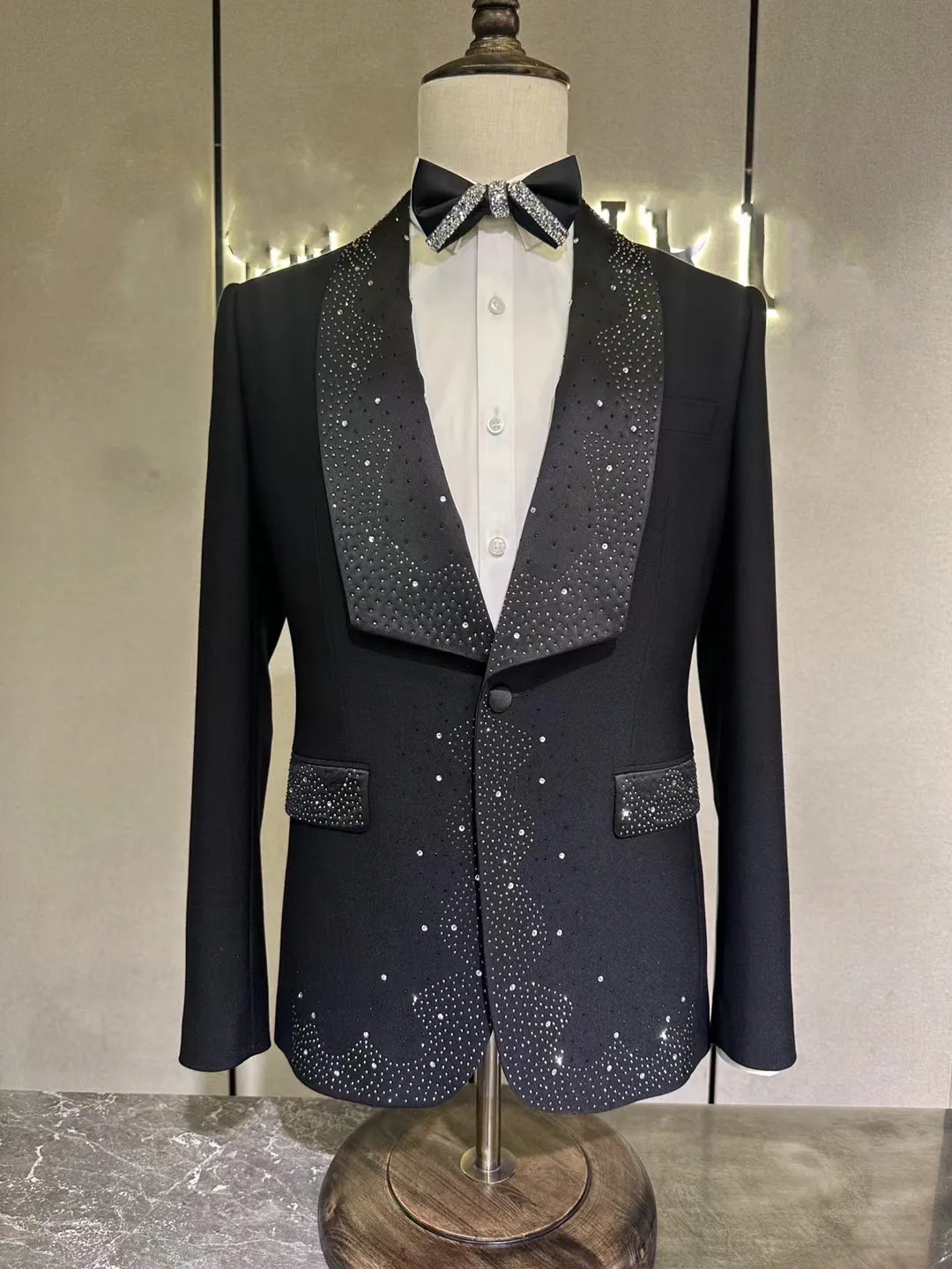 Custom Sticky diamond Shiny Black Wedding Suits for Mens Formal  high-grade Blazers Party perform Fashion model runway clothing