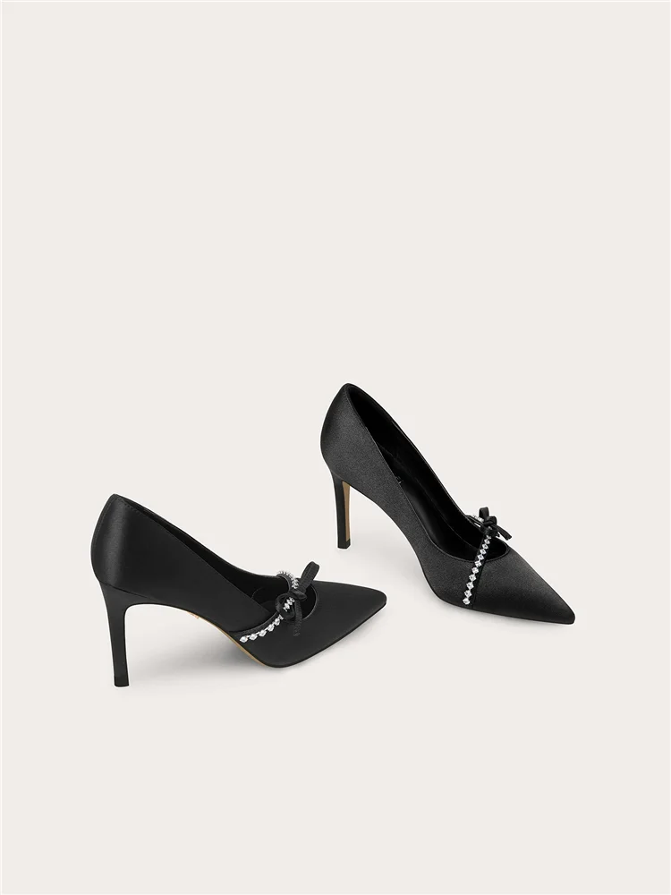 Autumn new pointed shallow mouth silk bow rhinestone single shoe banquet large size small size widened high heels women's shoes