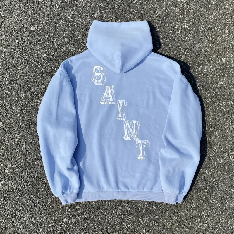 SAINT Light Blue Baby Cherub Vintage Hoodie Washed High Quality Destroyed Craft Mens Womens Hooded Coats