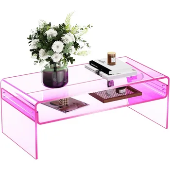 Image Acrylic Coffee Table for Living Room Clear Rectangle Lucite Table with Open Storage Shelf (1, Pink, Large)