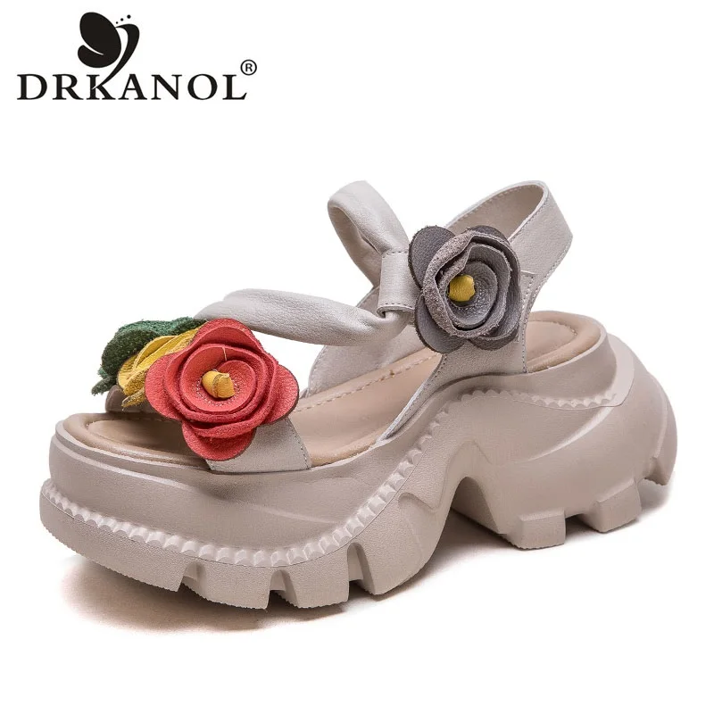 DRKANOL Women Height Increasing Sandals Summer Open Toe Shoes Literary Style Genuine Leather Flowers Wedges Platform Sandals
