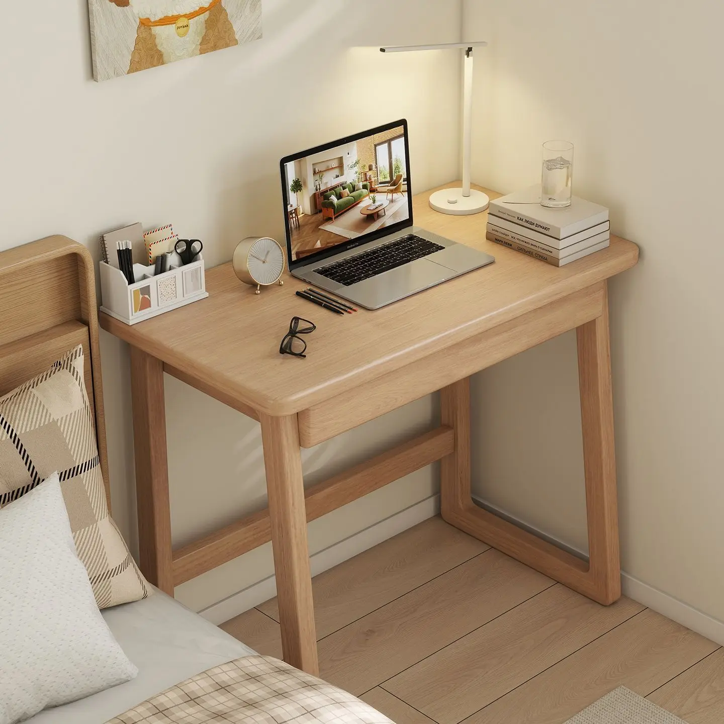 Natural Oak Wood Computer Desk 80cm Small Writing Table With Storage Drawer Modern Minimalist Study Desk For Bedroom Home Office
