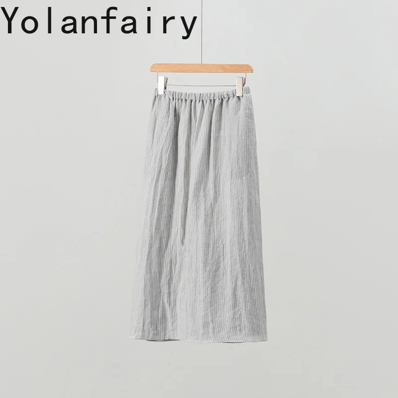 YOLANFAIRY 100% Linen Skirts for Women Summer 2026 Vintage Striped Midi Skirt Korean Fashion Split Straight Skirts Elastic Waist