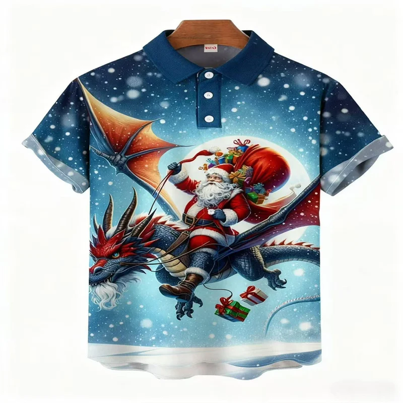 

2025 Christmas Eve Christmas Snowy Day Santa Claus Riding Dragon Printed Comfortable Polo Shirt