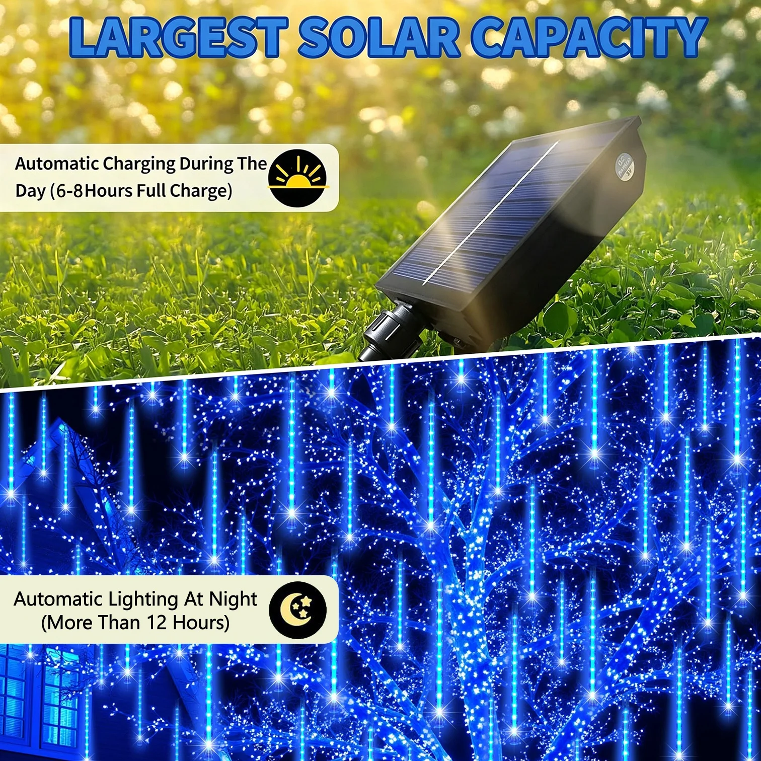 Solar-LED-Meteorschauer-Lichterkette für Außenbereich, Eiszapfen-Lichterkette für Weihnachtsbaum, Hochzeit, Party, Garten, Camping, Dekoration, Solarlampe – Detail 4