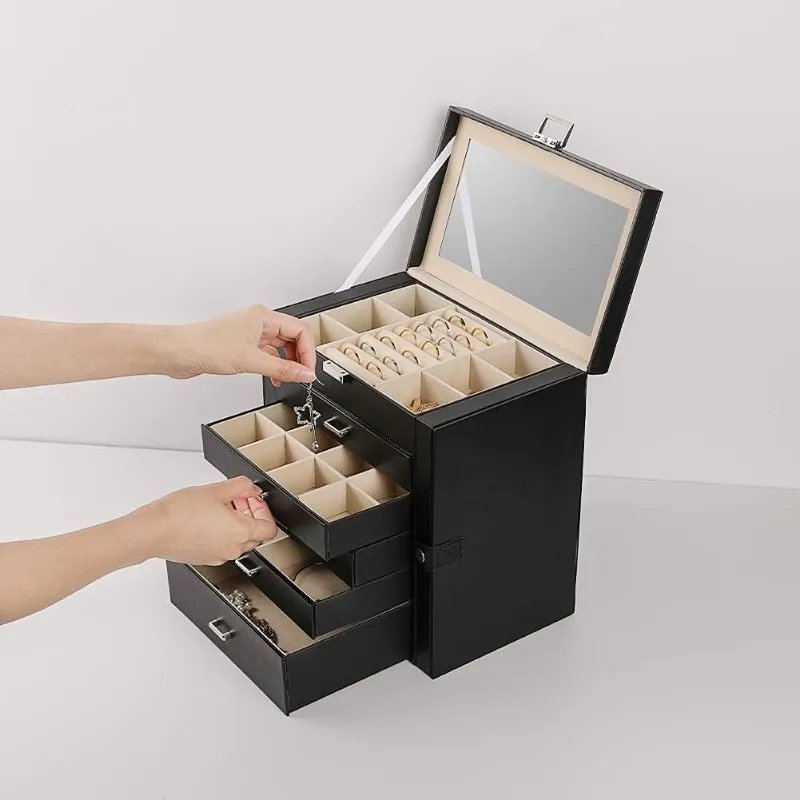 

Большая шкатулка для драгоценностей, 6-уровневый органайзер для драгоценностей из искусственной кожи, многофункциональный футляр для хранения с зеркалом, держатель для аксессуаров