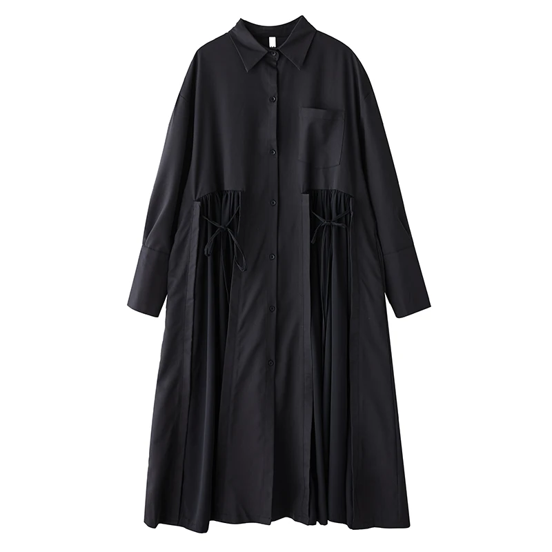 Loose Fit Long Sleeve Shirt Dress Dark Style Asymmetrical Waist High Polyester Fiber Summer Casual High Waist Long Skirt 5