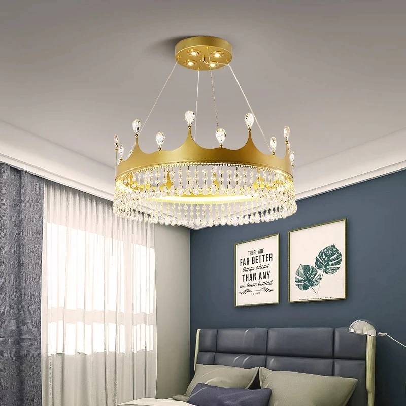 Nordic Princess Room Crown Crystal Pendant Lights for Study Kitchen Bedroom Hotel Home Lighting LED Ceiling Chandelier Fixture