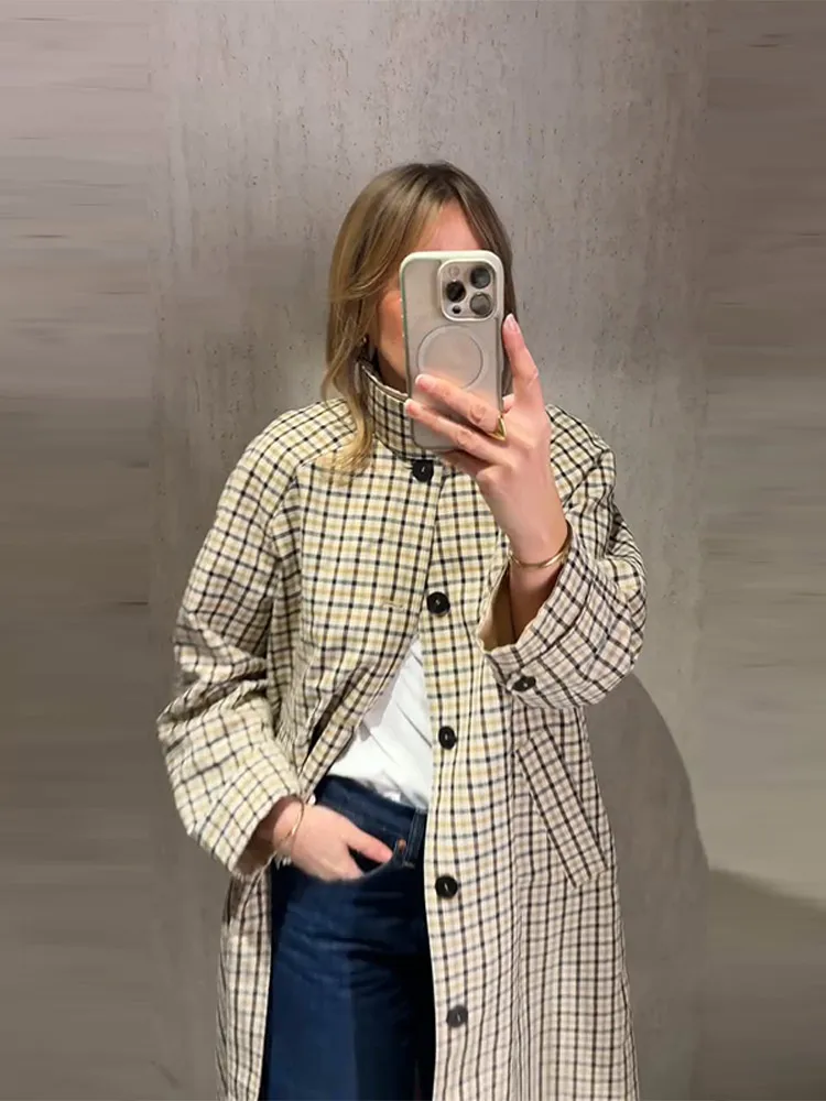 Long Trench Casual Double Side Women's Coat Single Breasted Lapel Pockets Full Sleeve Plaid Windbreaker 2026 Lady Spring Autumn