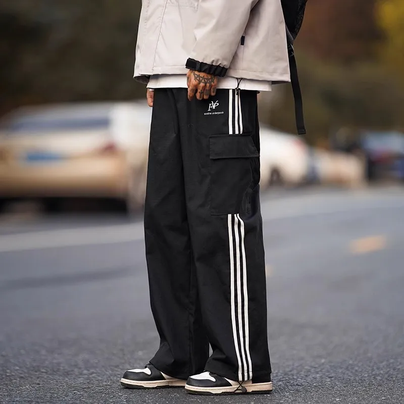 

Men's Retro Streetwear Work Pants High Waist Straight Leg Tee Stripe Casual Loose Fit Summer Youth Faion Work Trousers