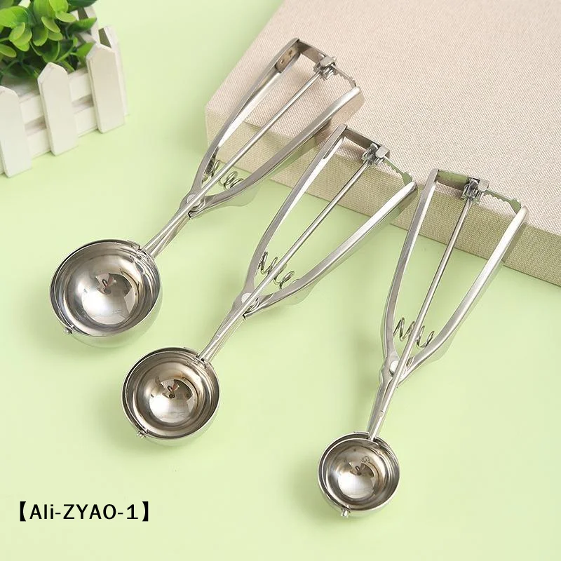【O】Ice Cream Spoon Kitchen Tools 3 Size Stainless Steel Spring Handle Mash Potato Watermelon Ball Scoop Home Kitchen Accessories