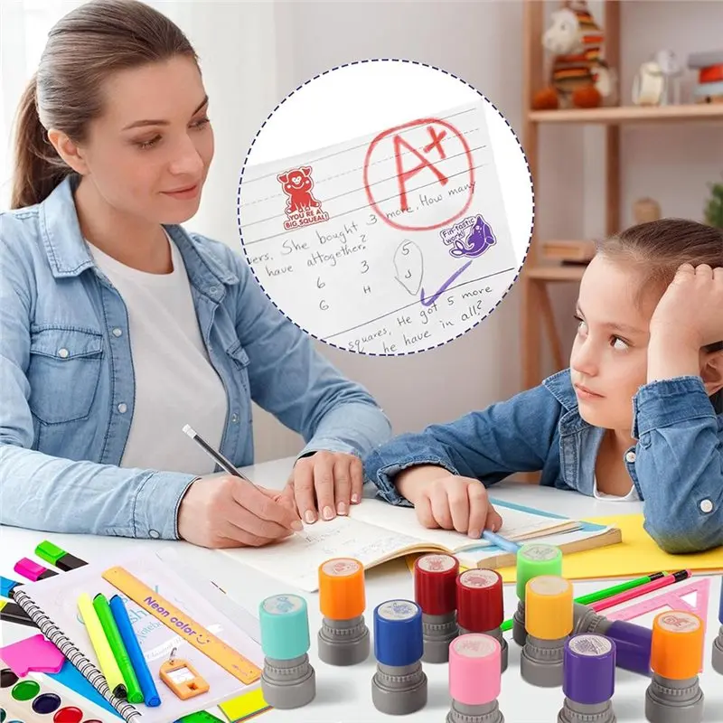 [NEW!ABAG】 For Classroom For Grading Rubber Stamp- 12 Pcs Self-Inking Colorful Teacher Stamps For Homework& Test