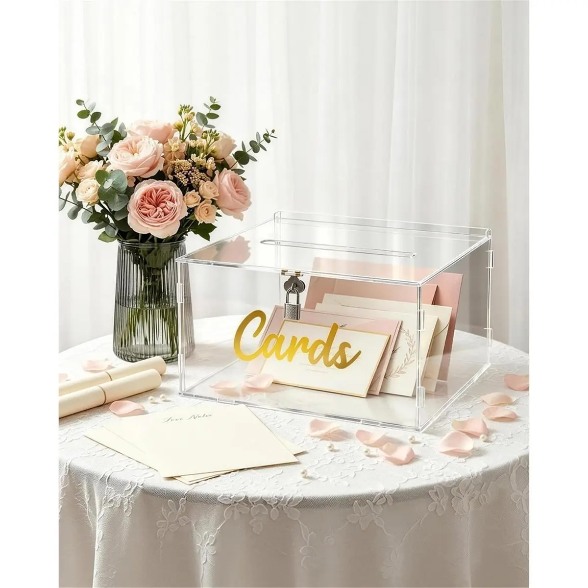 Large Acrylic Wedding Card Box with Lock and Slot,Transparent Elegant Gift Card Holder for Reception, Party, Graduation