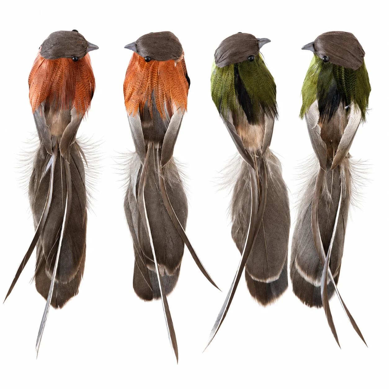 4PCS Artificial Bird Ornaments Feather Decorations for Home Garden Tree Display Green Orange
