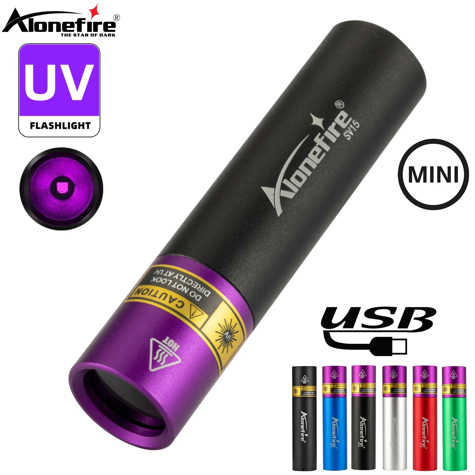 

Alonefire SV15 Mini 365nm High power UV Blacklight Flashlight USB Rechargeable Pet Stain Tinea Money Ore Scorpion Check torch