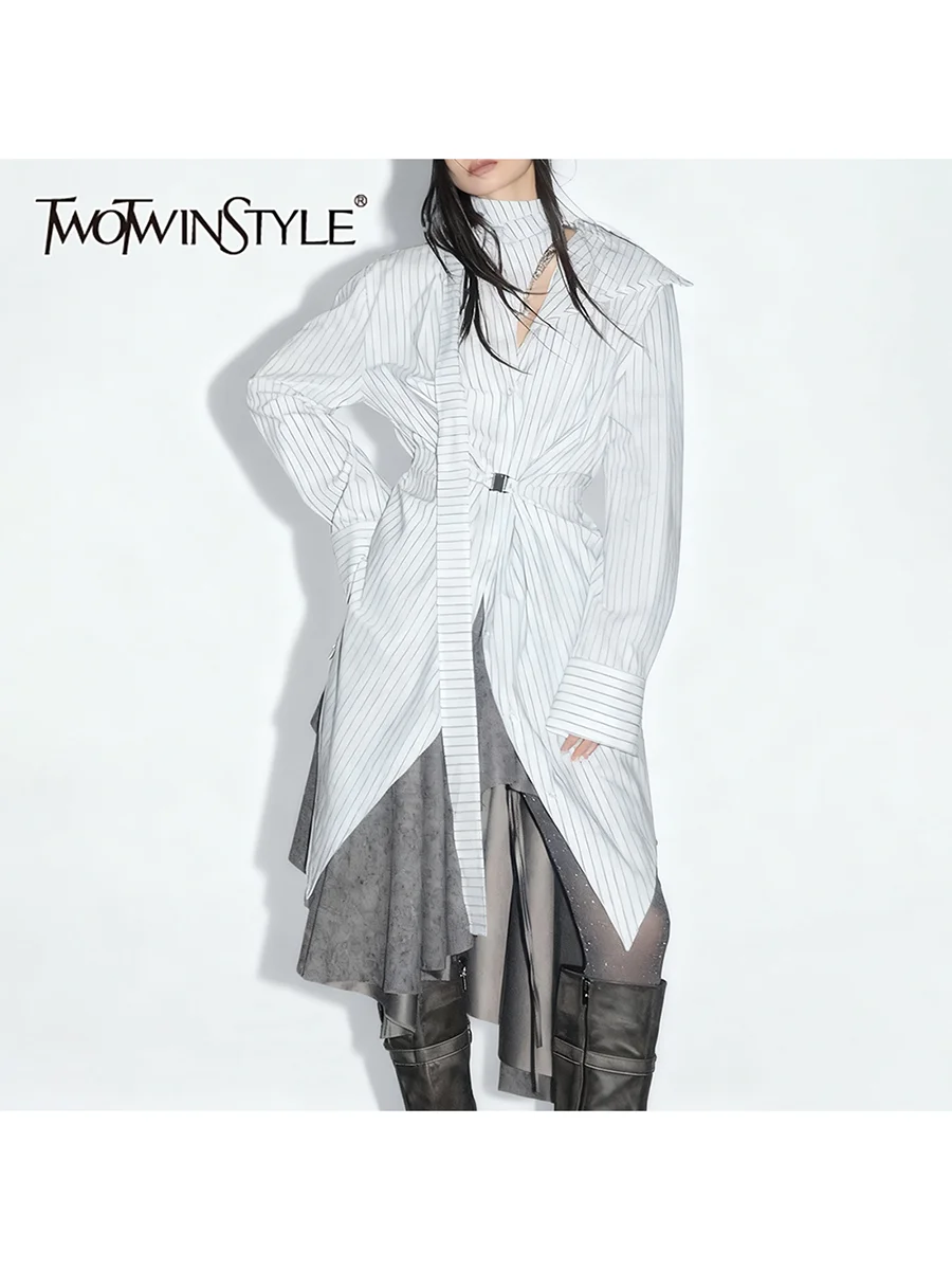 

TWOTWINSTYLE Fashion Striped Spliced Ribbon Basics Shirts for Women Lapel Long Sleeves Tunic Temperament Shirt Female Clothing