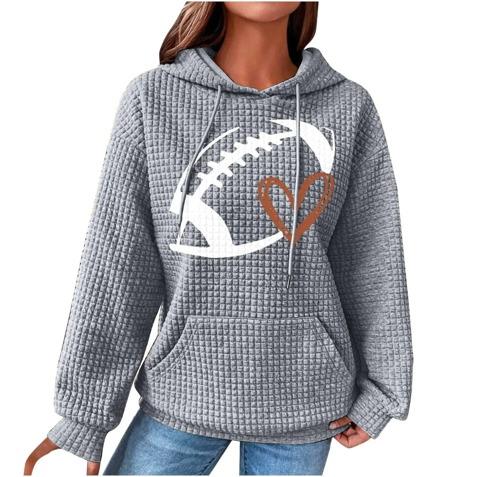 2023 Women'S Football Printed Sweater Autumn Winter Hooded Game Day Waffle Round Neck Long Sleeve Sweatshirt Pullover Tops