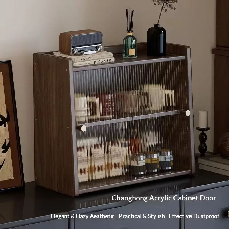 Walnut Countertop Storage Cabinet Cupboard with Glass Doors Compact Kitchen Organizer Close at Hand on Counters - view 2