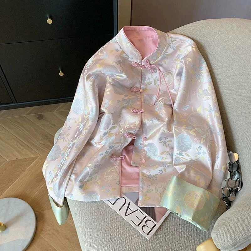 

2025 New Chinese Tang Suit Coat Women's Fashion Print Blouse Long Sleeve Autumn Large size Oriental Style Stand Collar Jacket
