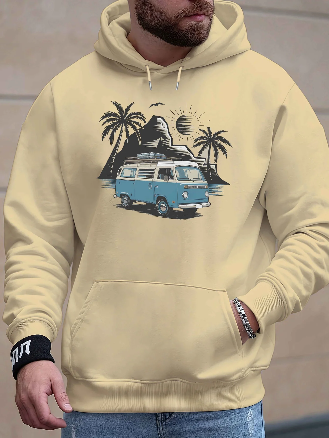 Men's Fall/Winter Fashion Hooded Sweatshirt with Blue Bus and Palm Tree Print for Commuting Street Strolling and Home Leisure